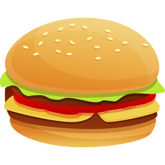 Realistic Style Hamburger with Sesame Seed Bun Lettuce Tomato and Cheese on a Transparent Background