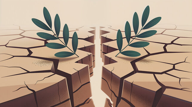 A symbolic artwork depicting a divided land with olive branches growing on both sides, representing the hope for peace, unity, and understanding between two cultures.