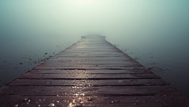 Extending weathered wooden dock into foggy lakeshore, with droplets and floating debris - Powered by Adobe