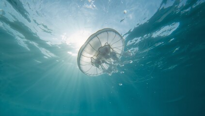Floating translucent jellyfish drifting underwater, with sunlight beams illuminating particles