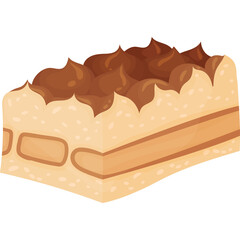 Rectangular Tiramisu Dessert with Creamy Topping and Chocolate Swirls on Transparent Background