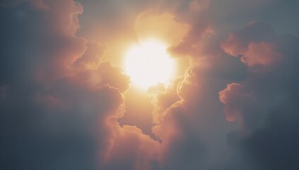 Piercing bright sun shining through high-altitude cumulus clouds, with warm golden pink hues