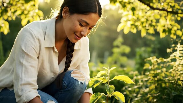 Woman planting seedling in soil. Hands place small tree during gardening. Outdoor light shows green nature. Image highlights environment and soil care. Close composition focuses on planting action.