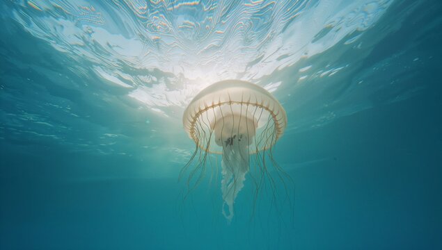 Floating solitary jellyfish drifting in open sea, tentacles trailing downward with glowing halo