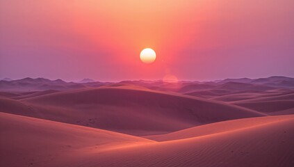 Glowing sun casting warm light over remote desert landscape at sunset, with multiple sand dunes