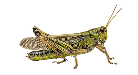 Close up shot of a green and yellow grasshopper standing on a black background with visible wings on transparent background