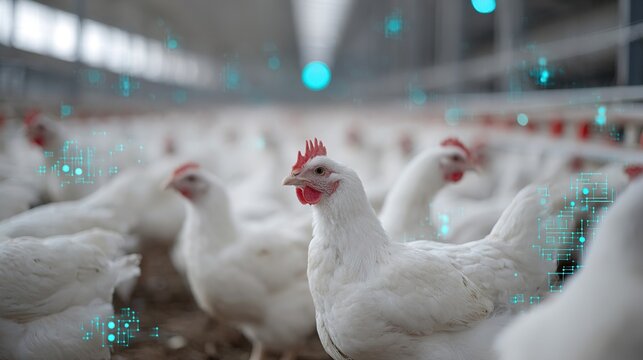 Modern poultry farm with data overlays showing digital monitoring and analysis of the flock's health. - Powered by Adobe
