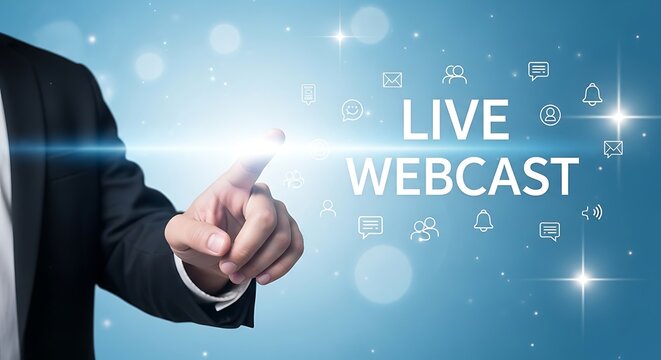 Businessman's finger touching screen with LIVEWEBCAST text and icons LIVE WEBCAST