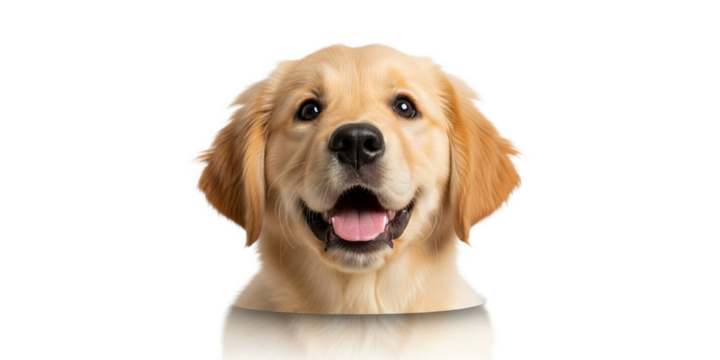 A golden retriever puppy headshot with a black background looking forward and with its mouth open smiling on transparent background