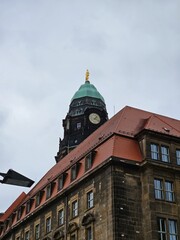 Town Hall Tower (Rathausturm) of Dresden, Germany. Clock tower of a city hall in historical and museum downtown of Dresden.