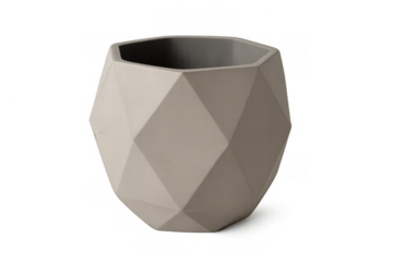 Geometric planter pot with a modern faceted design, empty cream beige ceramic vase standing on transparent background