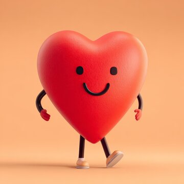 Happy red heart character walking on a soft background with a friendly expression in a playful setting