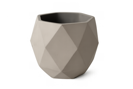 Geometric planter pot with a modern faceted design, empty cream beige ceramic vase standing on transparent background