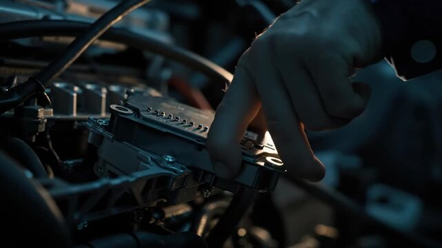 A technician's hand installing an electronic control unit in a car engine. Close-up of automotive computer repair. Advanced technology and maintenance concept
