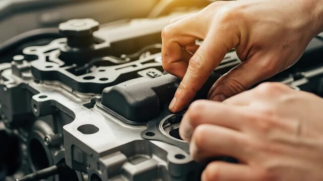 Mechanic's hands installing a new gasket on a car engine. Close-up of auto repair and vehicle maintenance in a workshop. Professional engine assembly concept