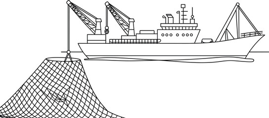 Commercial fishing vessel catching fish with net, industrial trawler at sea, seafood harvest, ocean fishing boat, maritime industry illustration