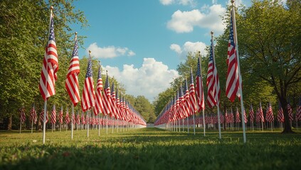 Fluttering rows of American flags on poles lining memorial park pathway, with green grass underfoot