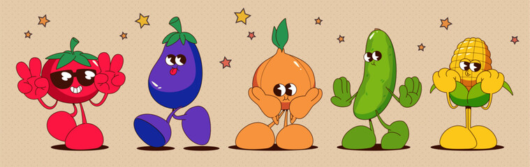 Retro vegetable characters set isolated on background. Vector cartoon illustration of comic tomato, eggplant, onion, cucumber, corn mascots with smiling faces, hands and feet, veggie stickers pack