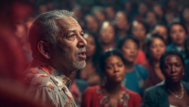 Delivering lecture senior speaker wearing patterned shirt in lecture hall, with attentive audience