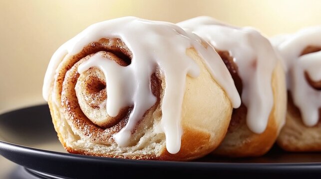 Delicious cinnamon roll with creamy icing dripping down, elegantly displayed on a sleek black plate against a solid backdrop - Powered by Adobe