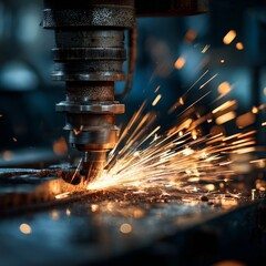 Metalworking process with sparks flying during cutting in a workshop at night