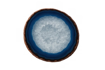 Agate geode slice with blue mineral formation, geology and natural healing concept on transparent background