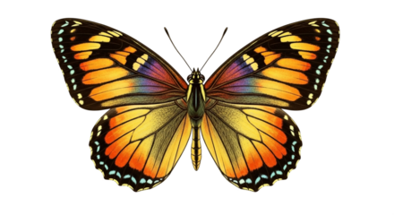 A vibrant butterfly with orange yellow and black wings displayed against a black background center on transparent background