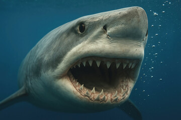 Naklejka premium Close-up of a great white shark with open jaws underwater, symbolizing raw power, fear, and dominance in nature.