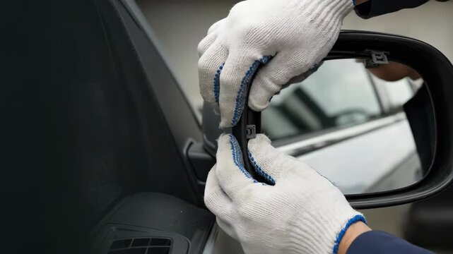 Close-up of a mechanic installing a car side mirror cover. Vertical video showing automotive repair and maintenance. Replacing a damaged vehicle part