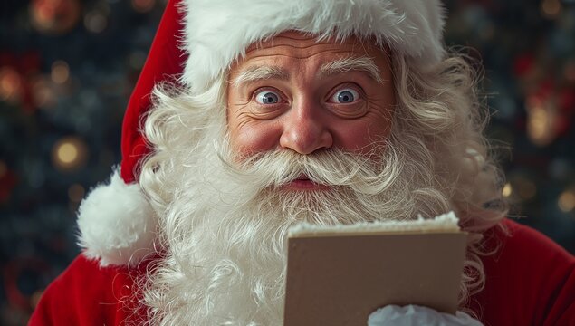 Looking upward Santa Claus holding tan-bound notebook in festive room with red hat, fir lights - Powered by Adobe