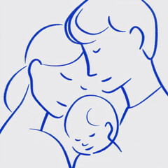 Fototapeta premium Minimalist line illustration of a family: mother, father, and baby cuddling. Symbol of parental love, care, unity, and harmony. Blue outline on white background.