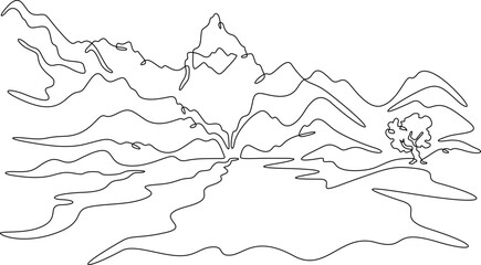 Continuous single line drawing road in the mountains. Mountain landscape. Winding high-mountain road. Linear . One continuous line isolated minimalist illustration. Not AI.