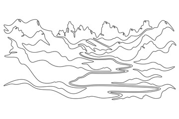 Continuous single line drawing road in the mountains. Mountain landscape. Winding high-mountain road. Linear . One continuous line isolated minimalist illustration. Not AI.