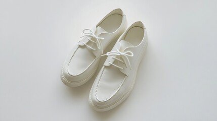 Pair of minimalist white lace-up leather shoes displayed on a white surface with a clean, modern aesthetic.