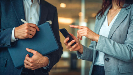 A closeup corporate team analyzing data of two business partners in suits reviewing mobile information, illustrating the integration of traditional documentation with instant digital communication.