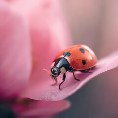 Fototapeta premium Close-up view of ladybug on a pink flower petal during a sunny day in a garden