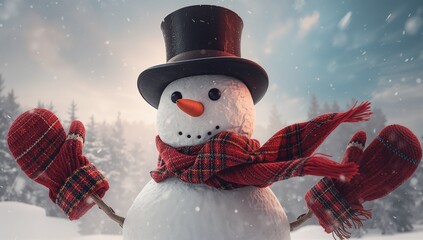 Snowman standing in snowy clearing, wearing top hat, scarf, mittens with coal face and carrot nose