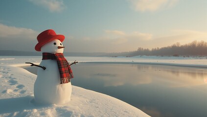 Standing three-tiered snowman wearing red hat and plaid scarf by river, with footprints, copy space