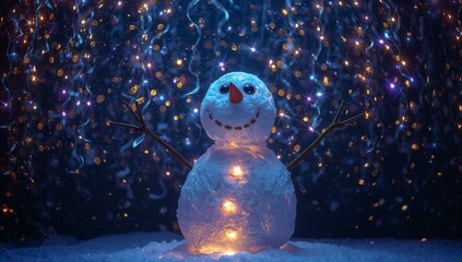 Snowman standing on snow at night with twig arms, carrot nose, glowing bulbs, streamers and lights