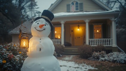 Standing snowman holding antique-style lantern in front yard, with carrot nose and black top hat
