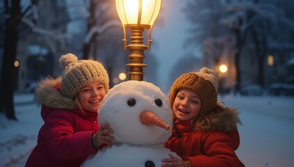 Building and hugging snowman, two sisters wearing coats and hats on street, with ornate lamppost