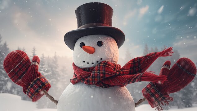 Snowman standing in snowy clearing, wearing top hat, scarf, mittens with coal face and carrot nose