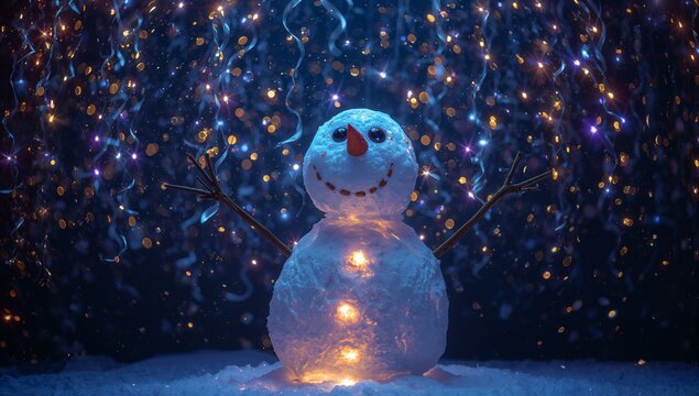 Snowman standing on snow at night with twig arms, carrot nose, glowing bulbs, streamers and lights