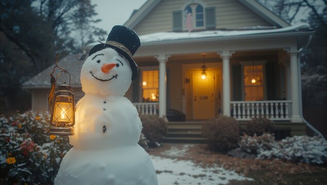 Standing snowman holding antique-style lantern in front yard, with carrot nose and black top hat