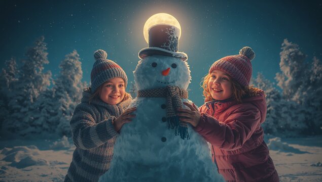Children wearing jackets posing in snowy clearing at night, with snowman wearing top hat, scarf