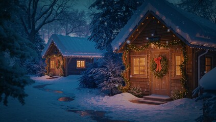 Displaying cabin featuring wreath and string lights near frozen stream in pine woods, copy space