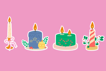 Christmas sticker candles set with floral and bow festive decorations