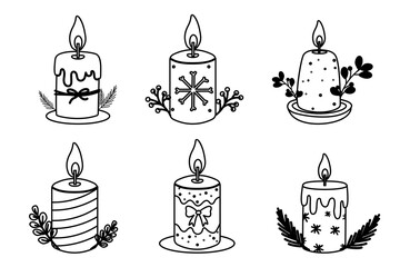Outline christmas candles with pine branches and festive holiday design