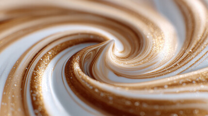 Abstract swirl of coffee and milk in macro. Creamy vortex creating a beautiful marble pattern in a cup. Concept of morning drink, texture, and motion.