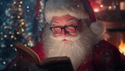 Holding open book and reading as Santa Claus in living room, with fireplace and fir tree